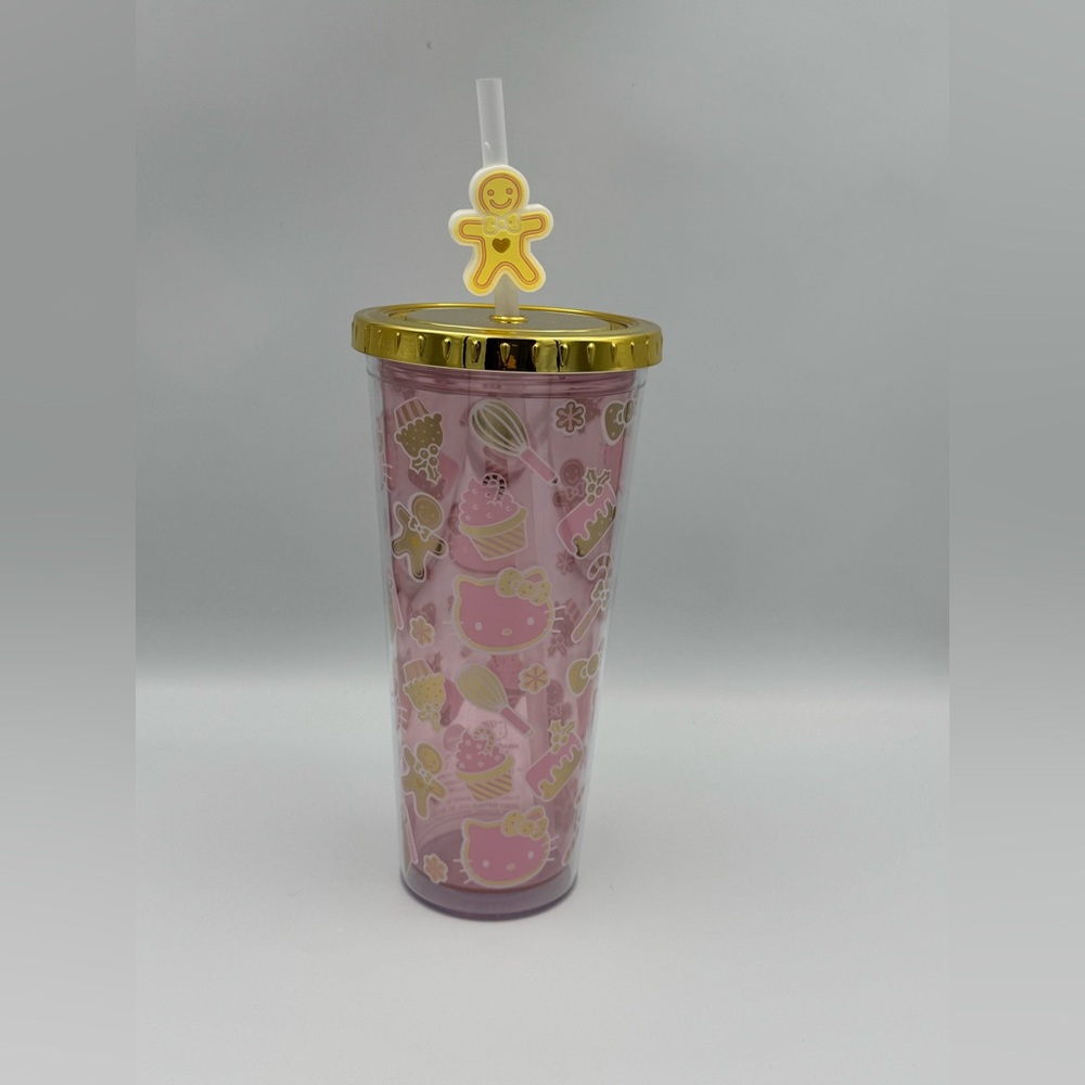 Hello Kitty Pink Christmas Tumbler‎ Gold Lid Gingerbread Straw 24oz